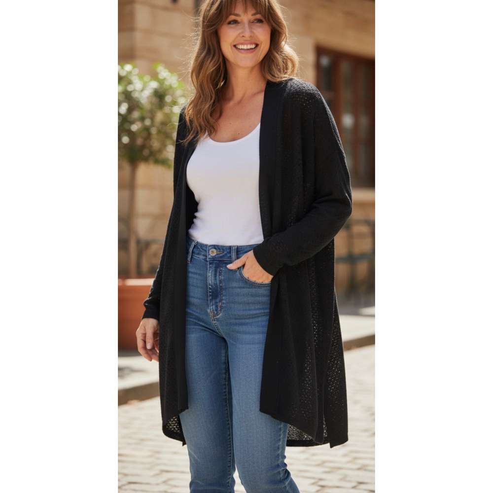 Women's Like Love Black Open Knit Cardigan M - Picture 2 of 9